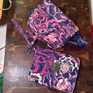 Vera Bradley Wristlet Wallet & Cosmetic Bag Bundle Pink & Blue Pattern